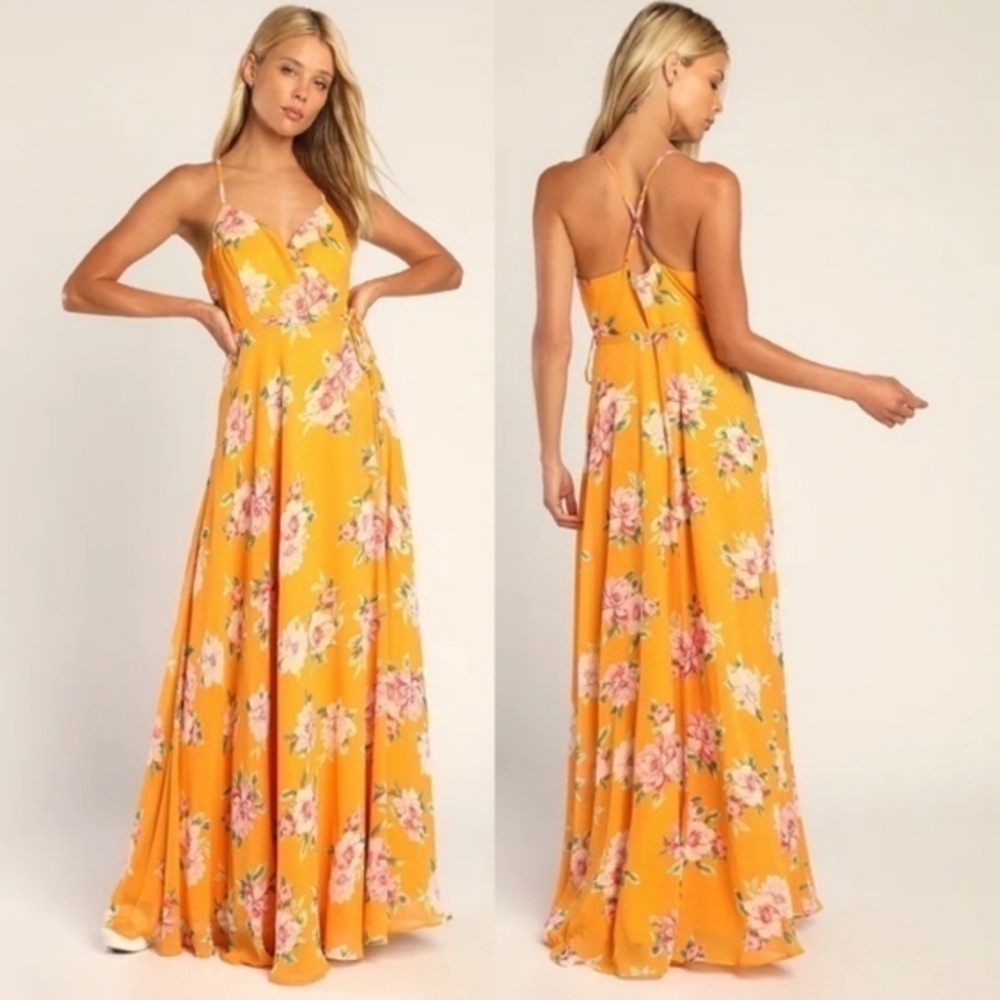 Lulus Always There For Me Marigold Floral Print Wrap Maxi Dress L